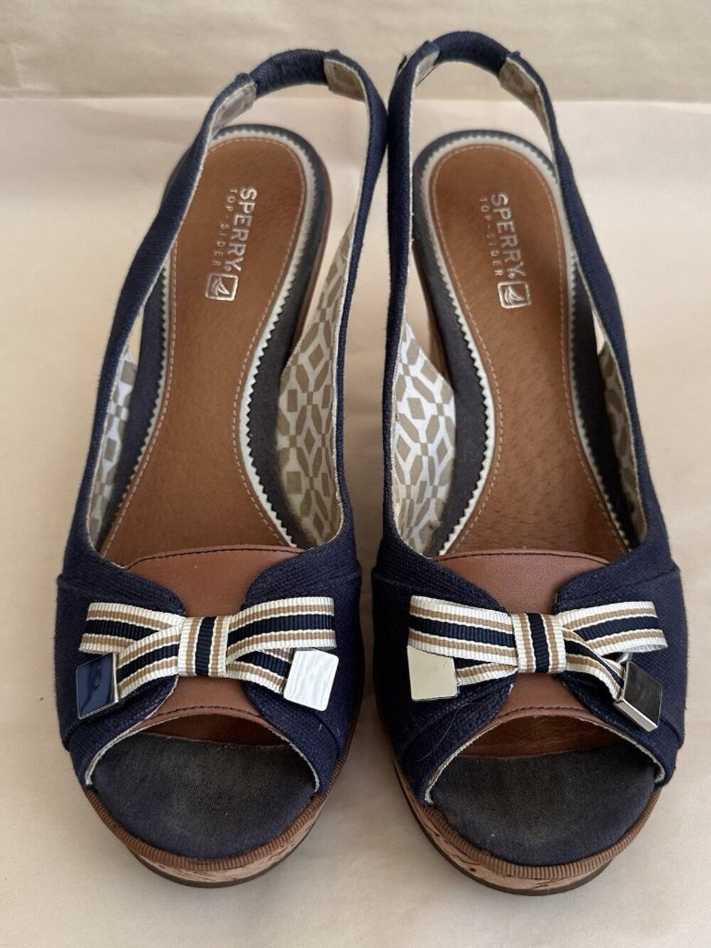 Sperry Top Sider Navy Cork Wedge Slingback Women 8M Nautical Blue Bow Sailor Y2K - Picture 3 of 9